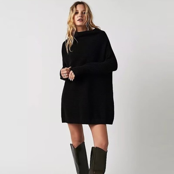 Free People - Ottoman Black Ribbed Slouchy Boho Long Sleeve Long Sweater Size M